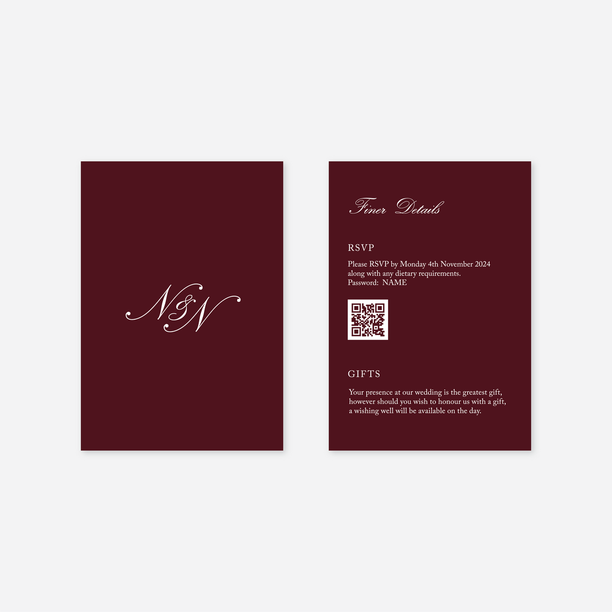 Heritage wedding details card wedding stationery in Burgundy — Just Hitched