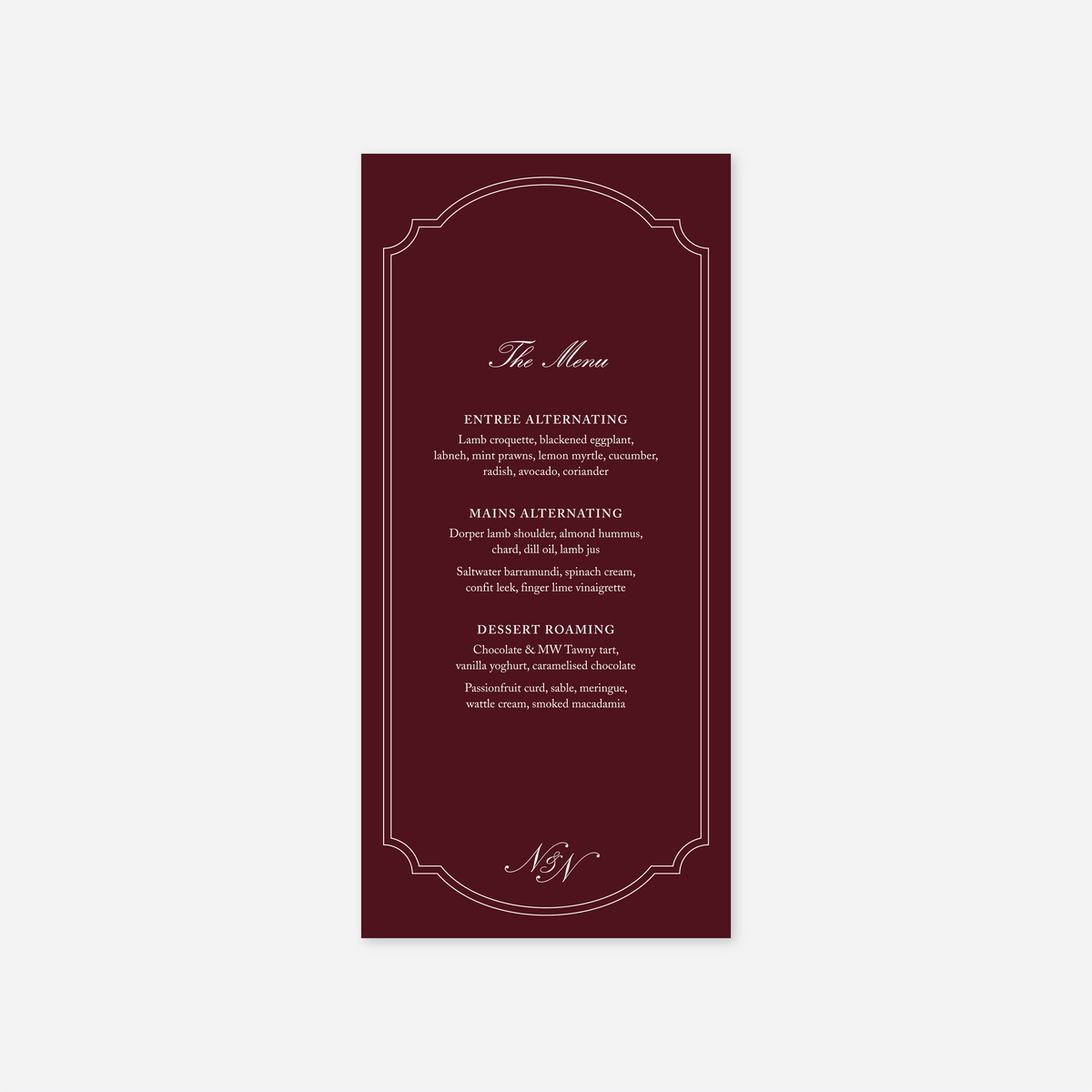 Heritage wedding menu card wedding stationery in Burgundy — Just Hitched