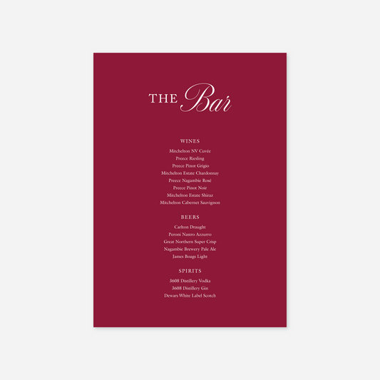 Classic wedding drinks menu wedding stationery in White — Just Hitched