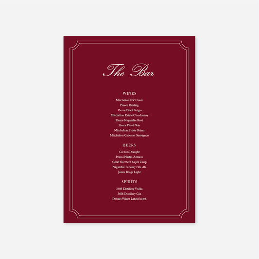 Heritage wedding bar menu wedding stationery in White — Just Hitched