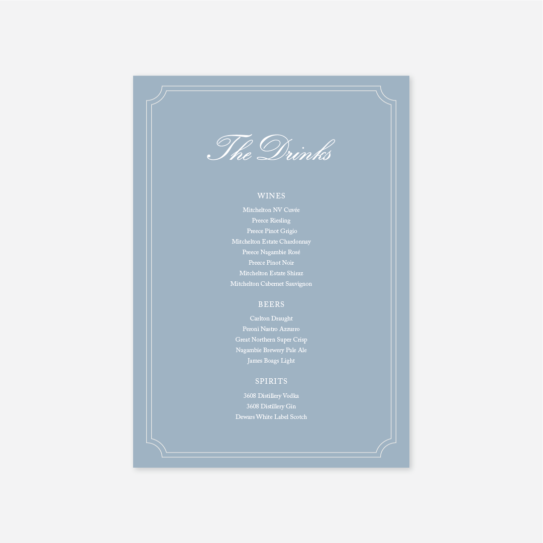Heritage wedding drinks menu wedding stationery in Blue — Just Hitched