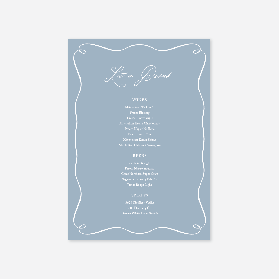 Elegance wedding drinks menu wedding stationery in Blue — Just Hitched