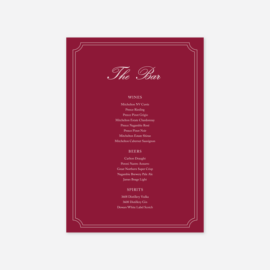 Heritage wedding bar menu wedding stationery in Chocolate — Just Hitched