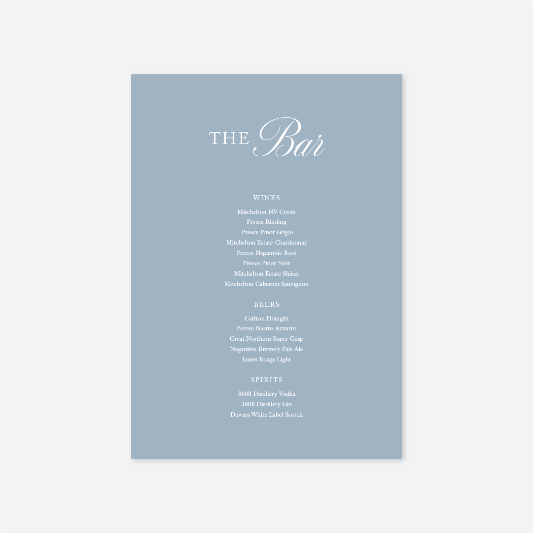 Classic wedding bar menu wedding stationery in Blue — Just Hitched