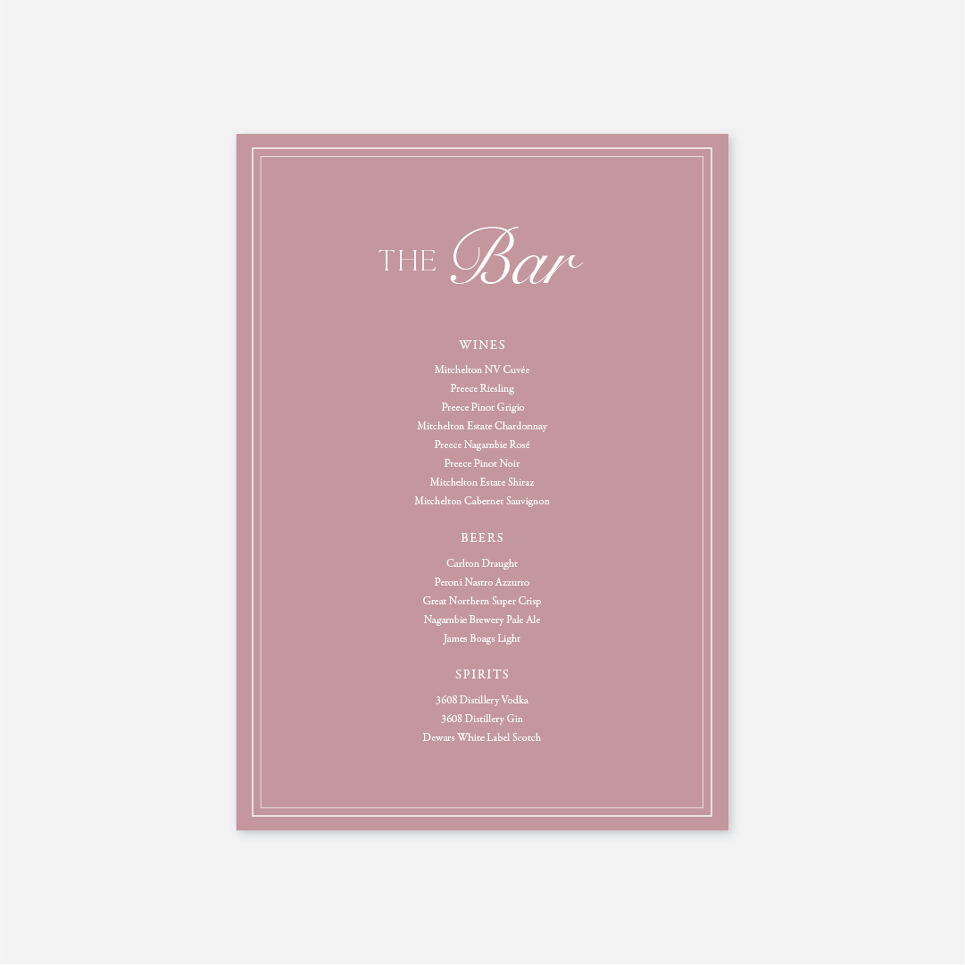 Romance Bar Menu - Dusty Rose