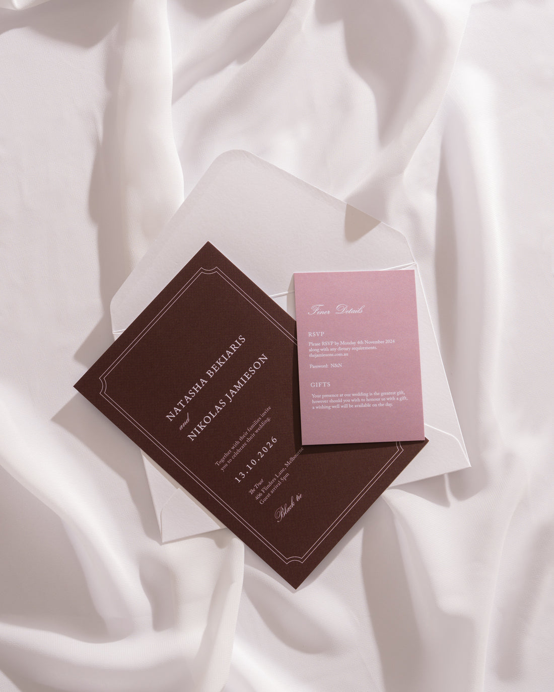 Pink and vellum wedding invitation suite flatlay, Just Hitched stationery