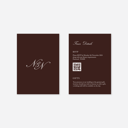 Heritage wedding details card wedding stationery in Chocolate Brown — Just Hitched