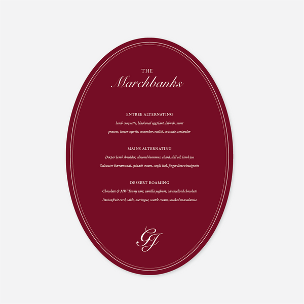 Romance wedding menu card wedding stationery in Cherry Red — Just Hitched