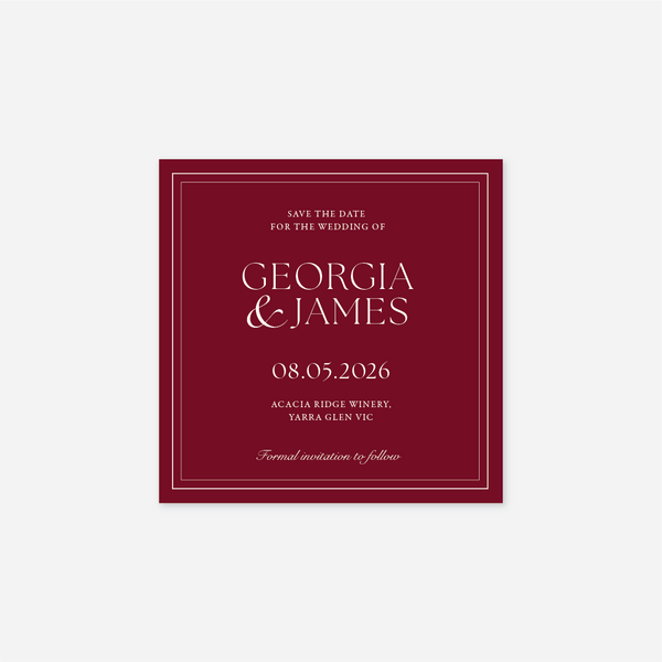 Romance save the date card wedding stationery in Cherry Red — Just Hitched