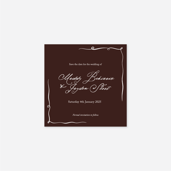 Elegance save the date card wedding stationery in Chocolate Brown — Just Hitched