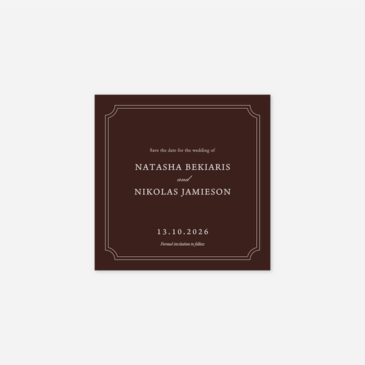 Heritage save the date card wedding stationery in Chocolate Brown — Just Hitched
