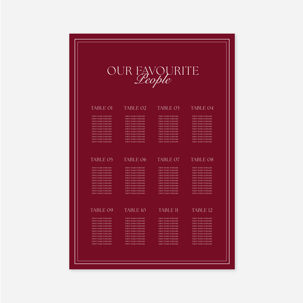 Romance wedding seating chart wedding stationery in Cherry Red — Just Hitched