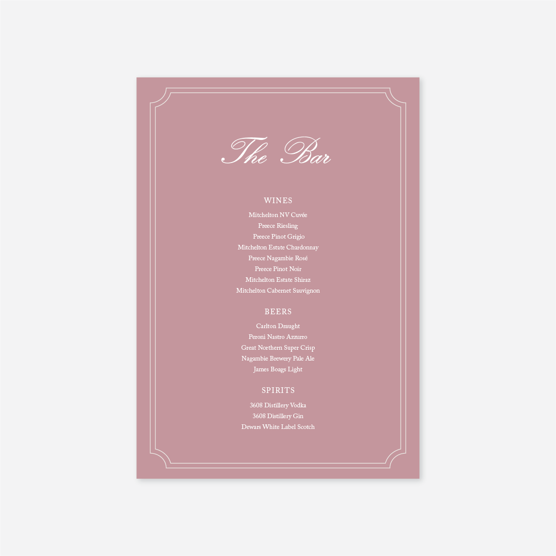 Heritage wedding bar menu wedding stationery in Rose — Just Hitched