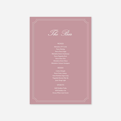 Heritage wedding bar menu wedding stationery in Rose — Just Hitched