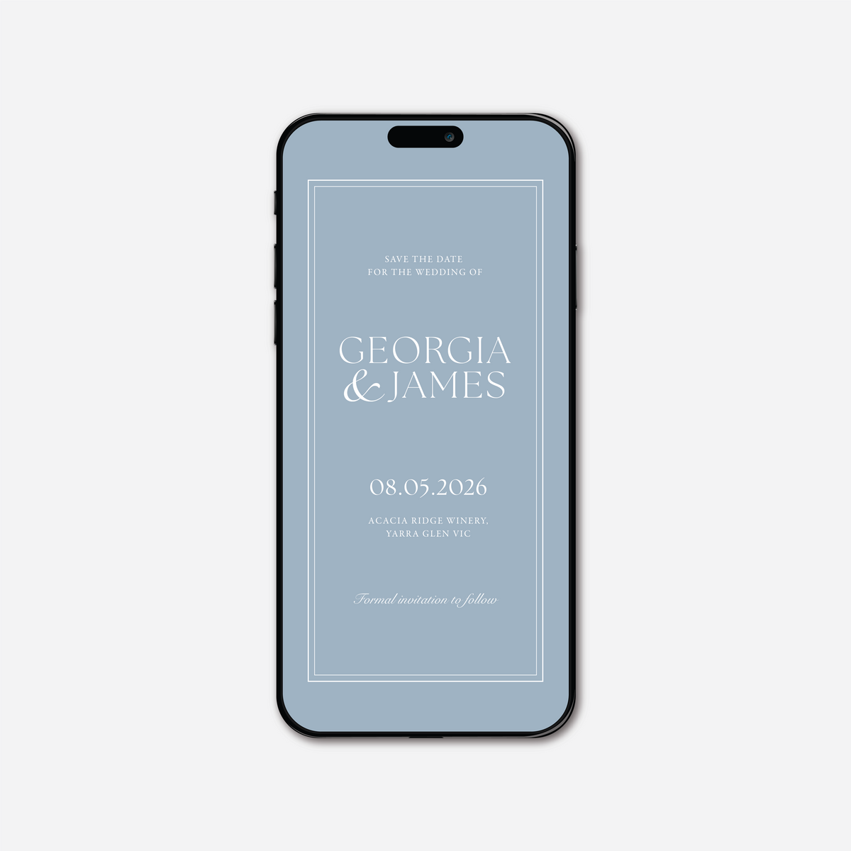 Digital save the date card (Romance-style) in Wedding Blue — Just Hitched