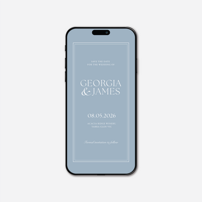 Digital save the date card (Romance-style) in Wedding Blue — Just Hitched