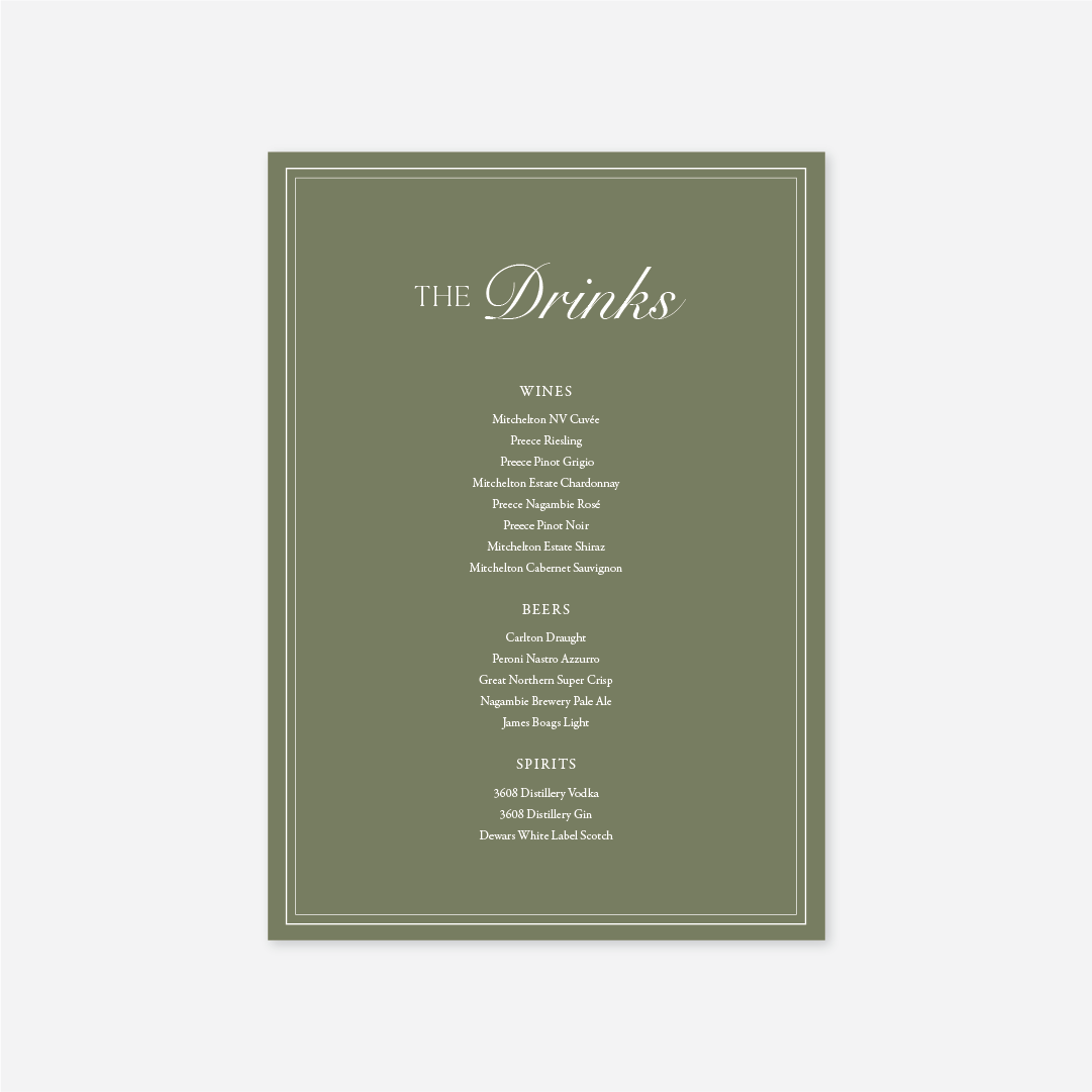 Romance wedding drinks menu wedding stationery in Sage — Just Hitched