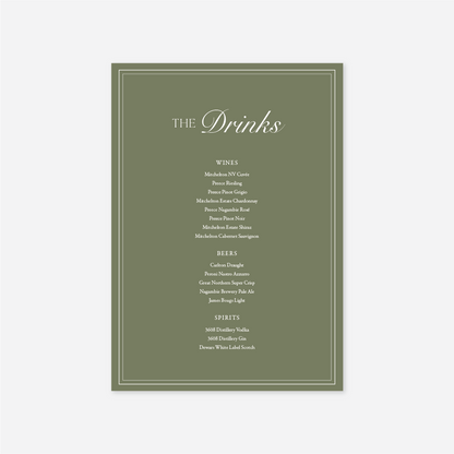 Romance wedding drinks menu wedding stationery in Sage — Just Hitched