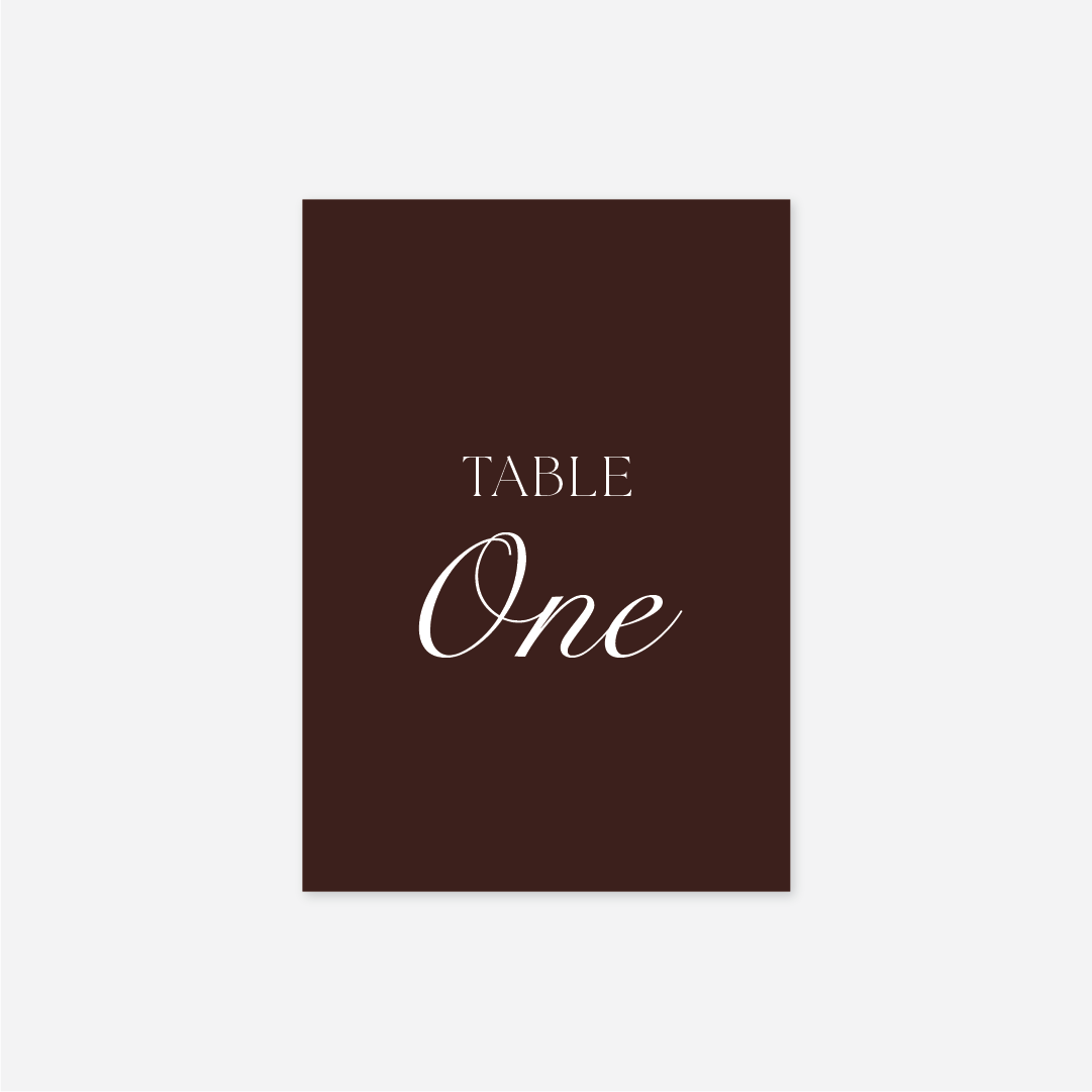 Romance wedding table number wedding stationery in Chocolate — Just Hitched