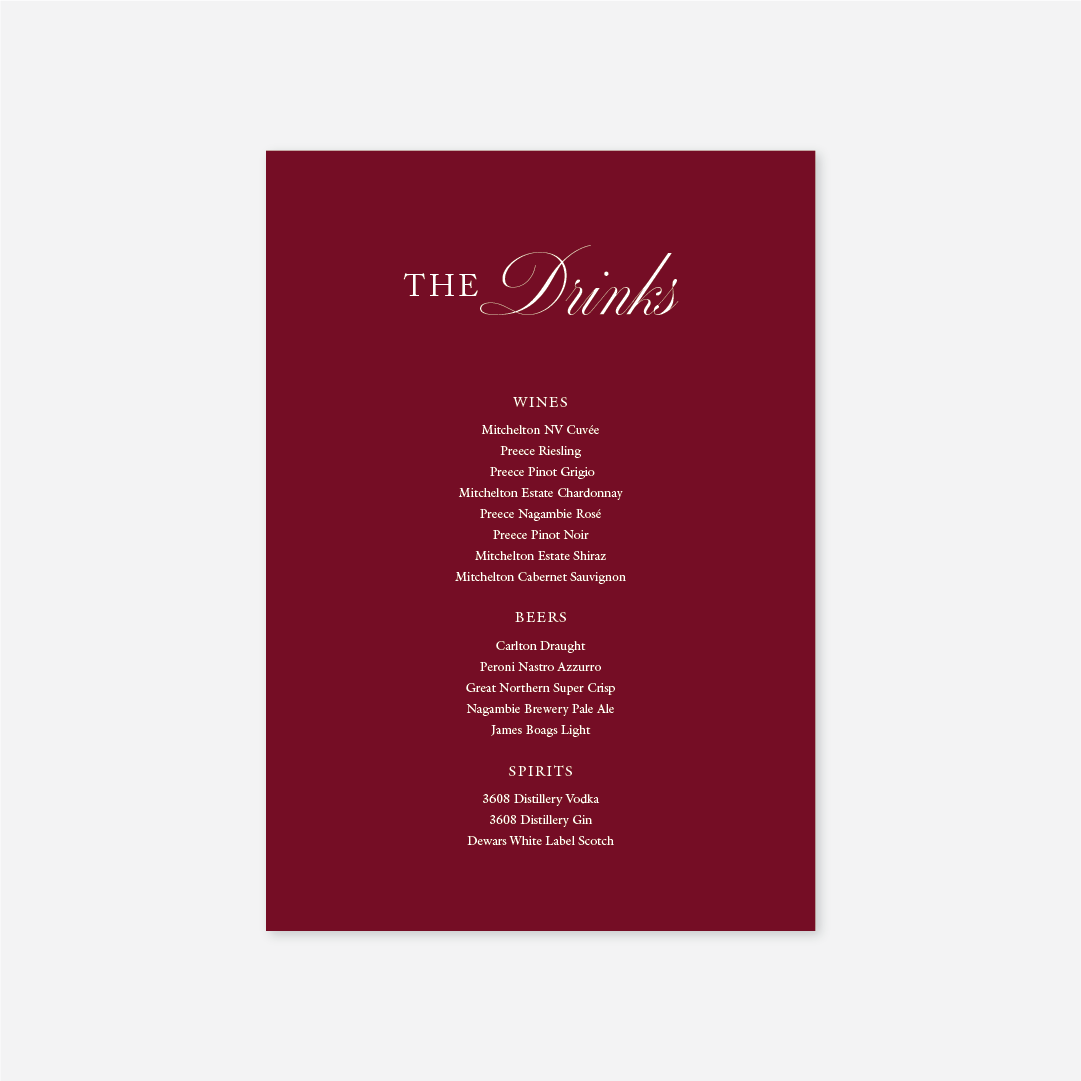 Classic wedding drinks menu wedding stationery in Cherry — Just Hitched