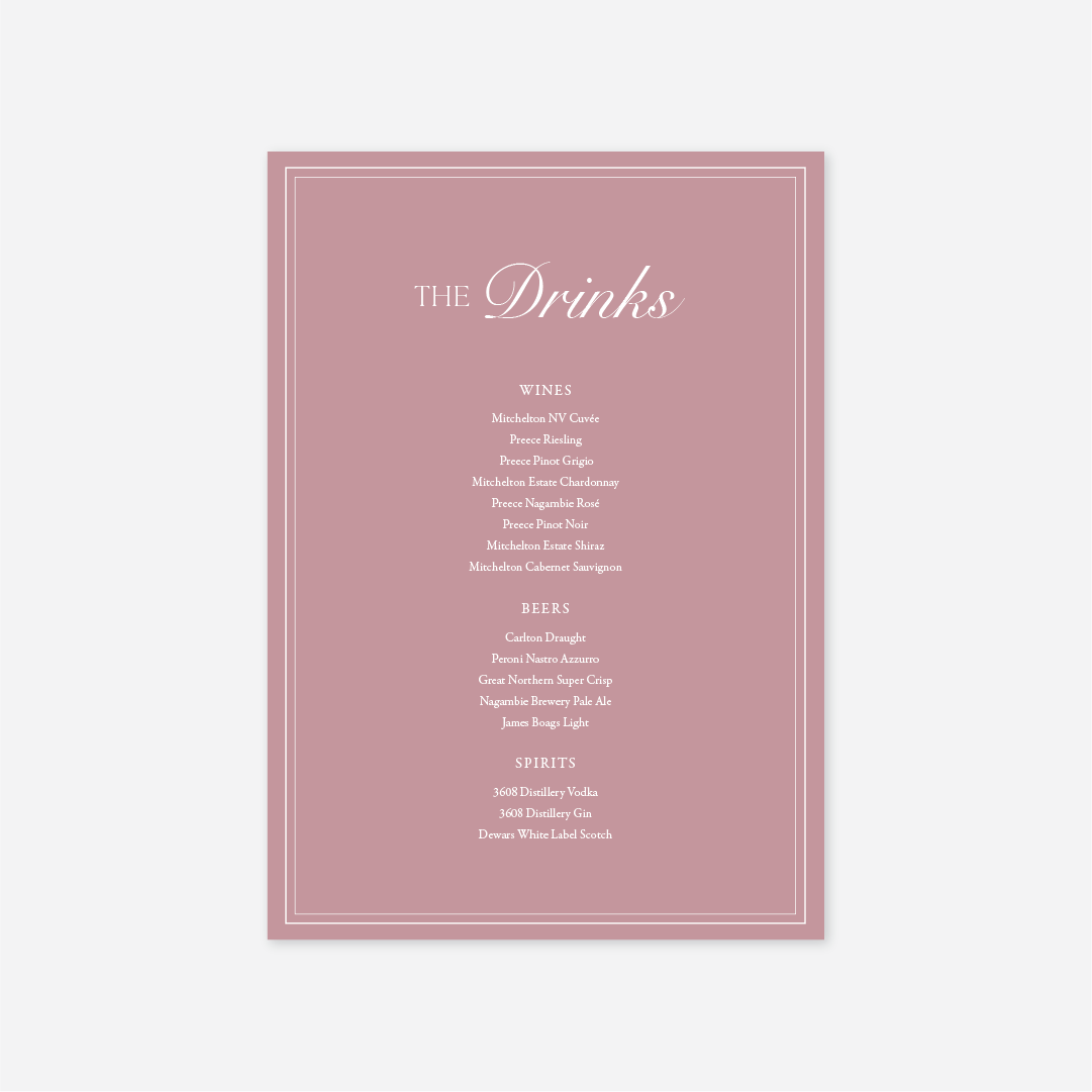 Romance Drinks Menu - Dusty Rose