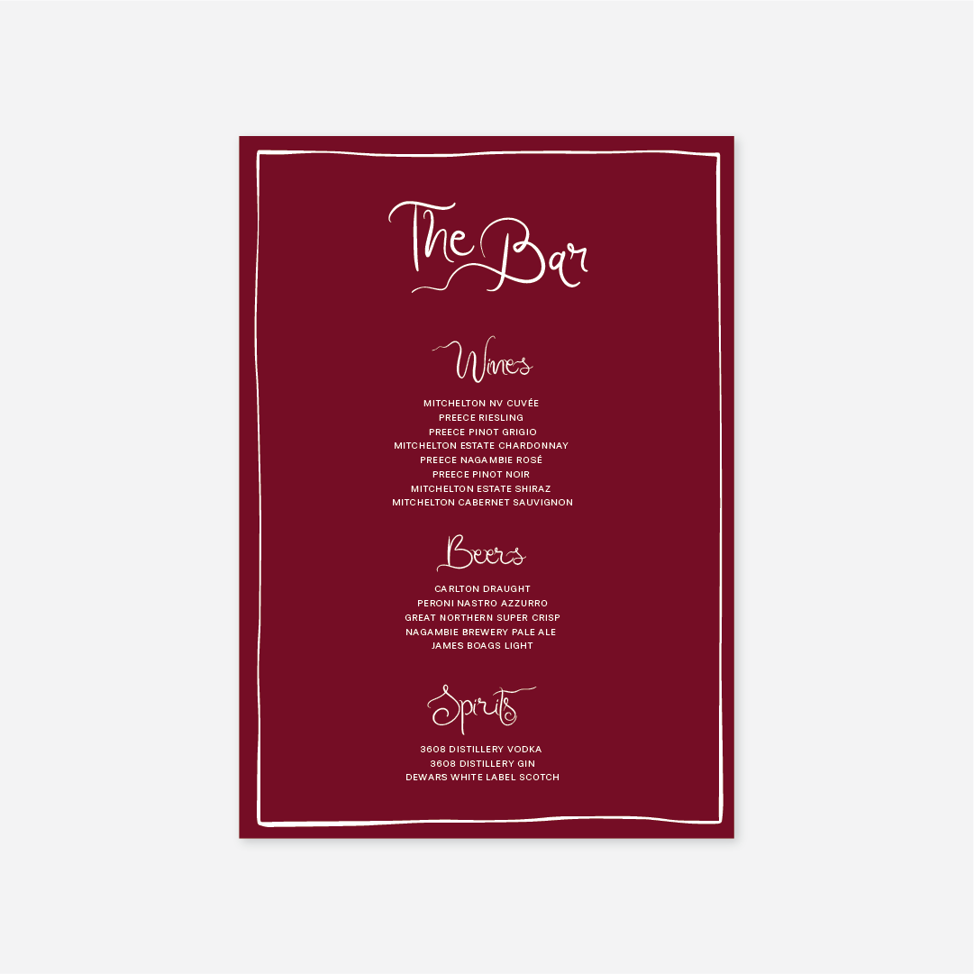 Whimsical wedding bar menu wedding stationery in Cherry — Just Hitched