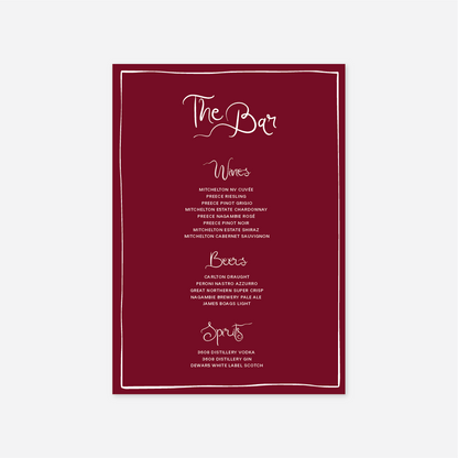 Whimsical wedding bar menu wedding stationery in Cherry — Just Hitched
