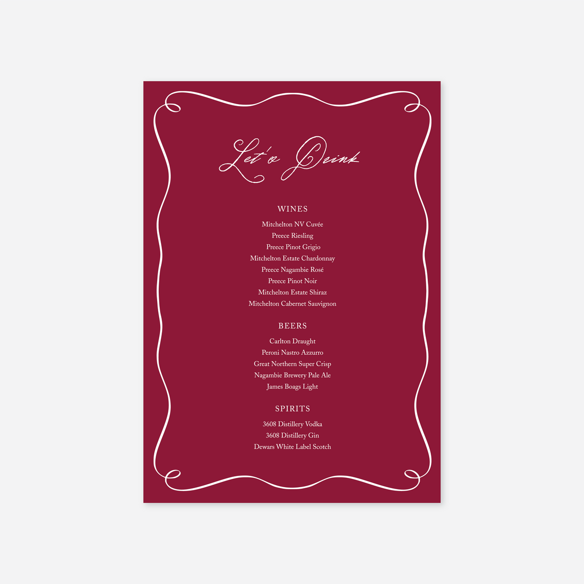 Elegance wedding drinks menu wedding stationery in Cherry — Just Hitched
