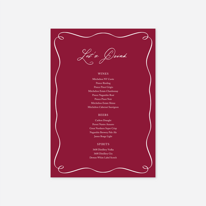 Elegance wedding drinks menu wedding stationery in Cherry — Just Hitched