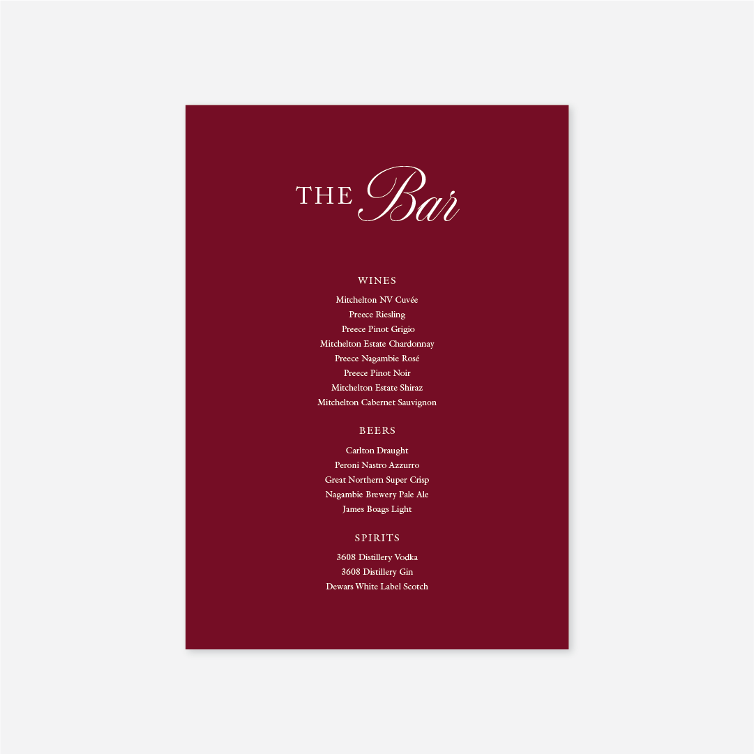 Classic wedding bar menu wedding stationery in Cherry — Just Hitched