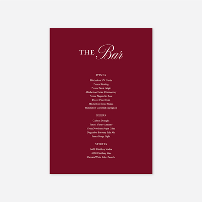 Classic wedding bar menu wedding stationery in Cherry — Just Hitched