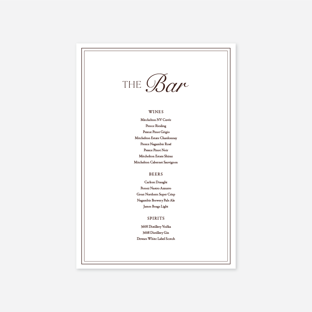 Romance wedding bar menu wedding stationery in White — Just Hitched
