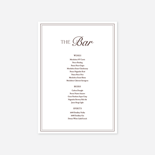Romance wedding bar menu wedding stationery in Cherry — Just Hitched