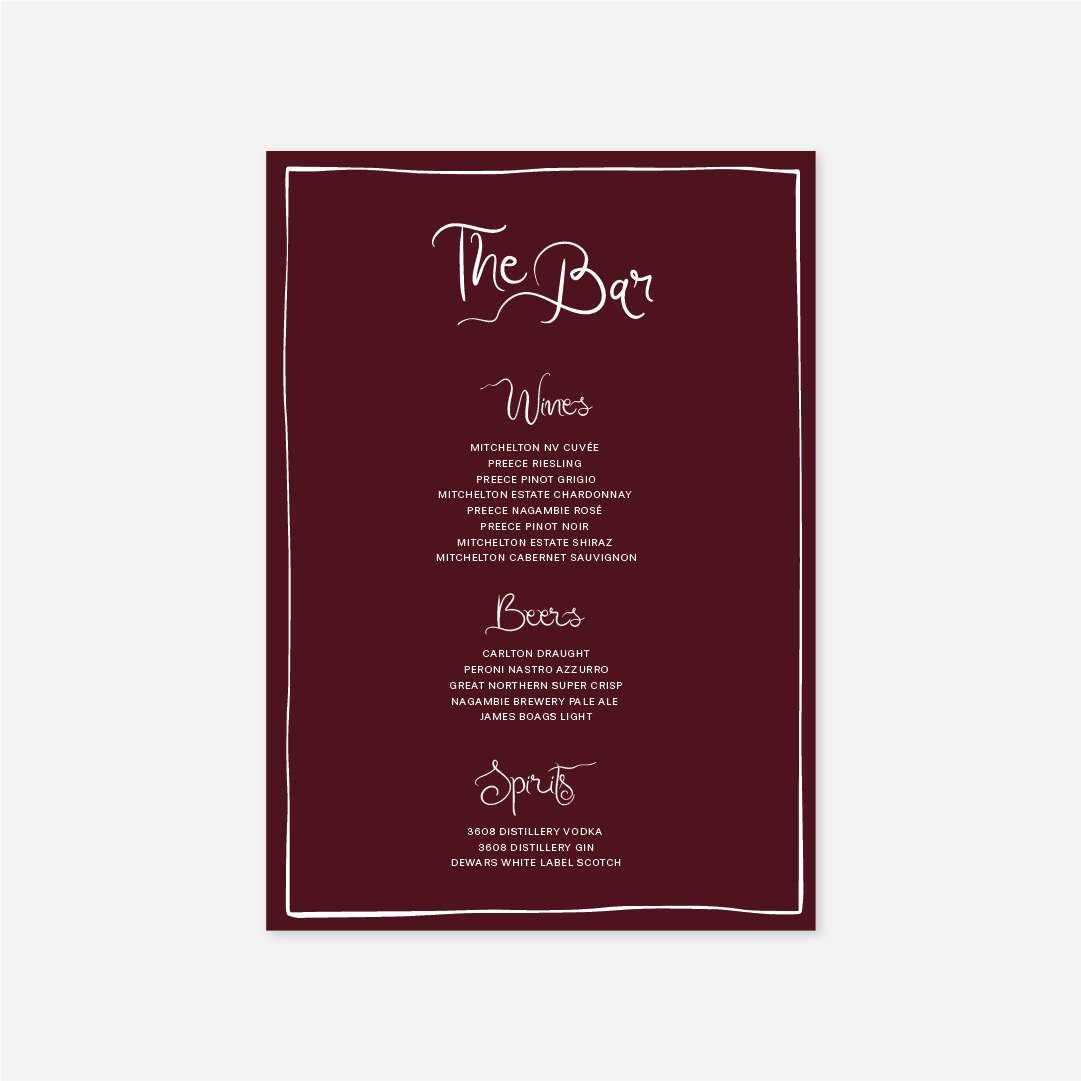 Whimsical wedding bar menu wedding stationery in Burgundy — Just Hitched