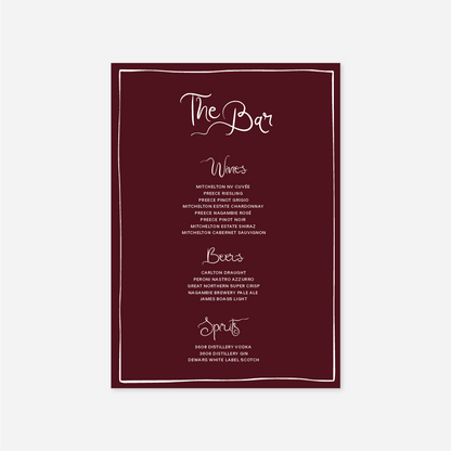 Whimsical wedding bar menu wedding stationery in Burgundy — Just Hitched