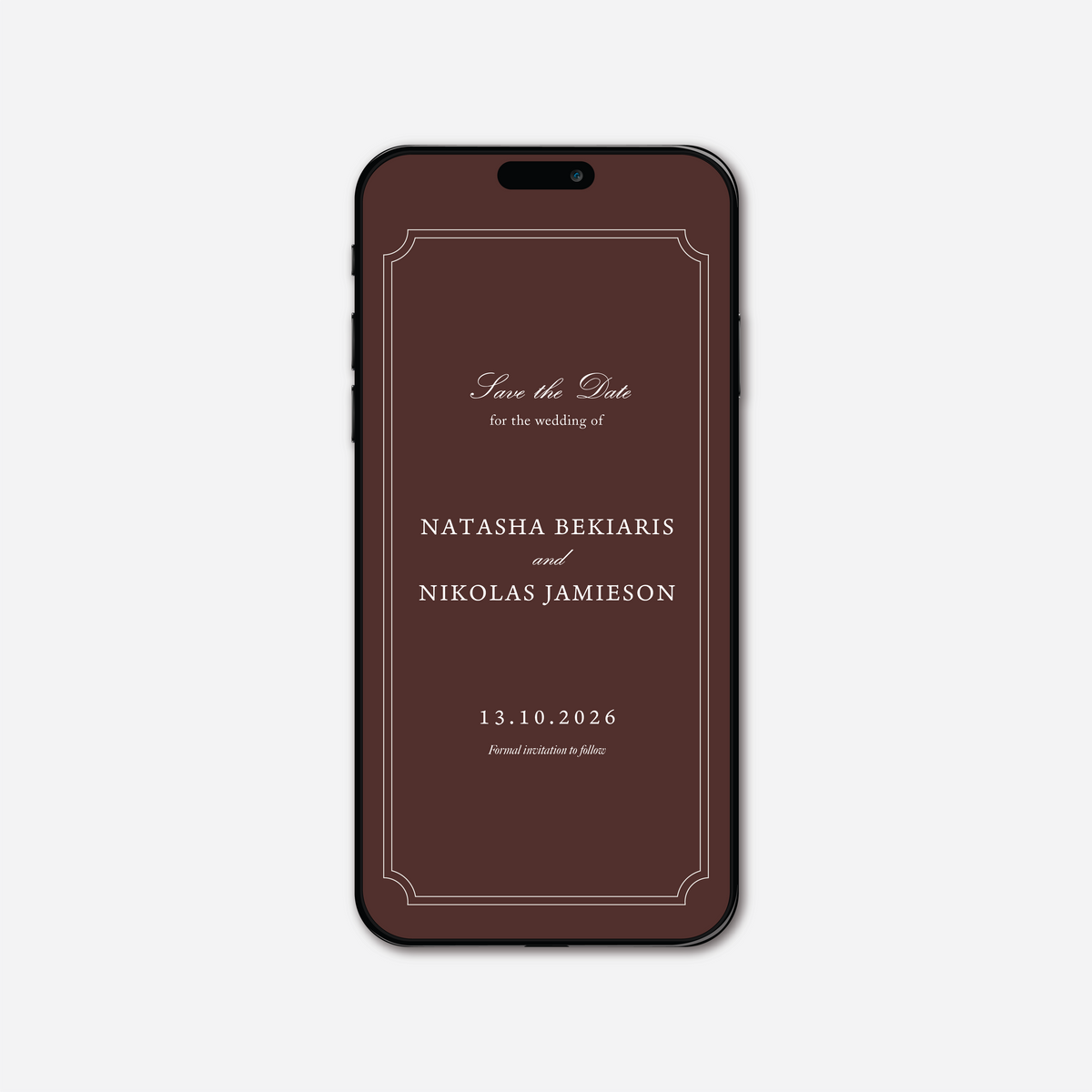 Digital save the date card (Heritage-style) in Chocolate Brown — Just Hitched