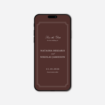 Digital save the date card (Heritage-style) in Chocolate Brown — Just Hitched