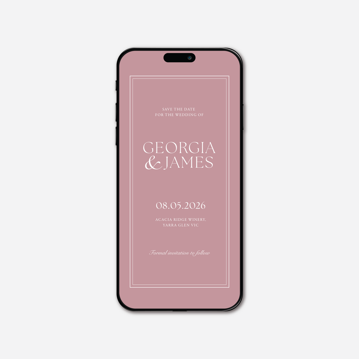 Digital save the date card (Romance-style) in Dusty Rose — Just Hitched