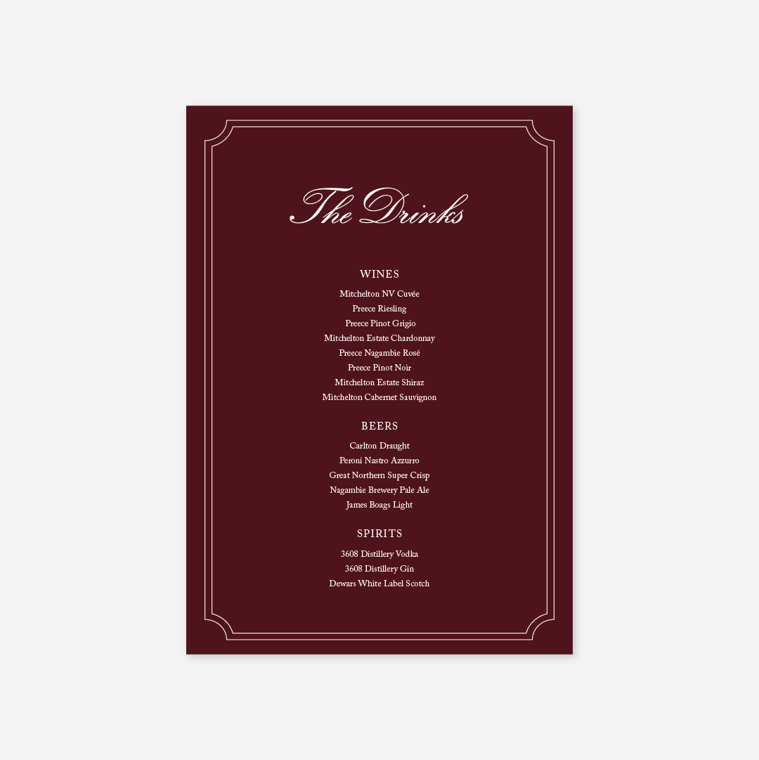 Heritage wedding drinks menu wedding stationery in Burgundy — Just Hitched