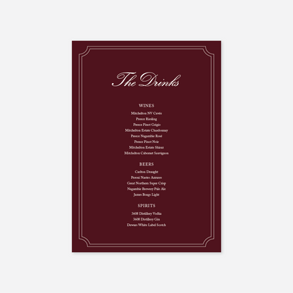 Heritage wedding drinks menu wedding stationery in Burgundy — Just Hitched