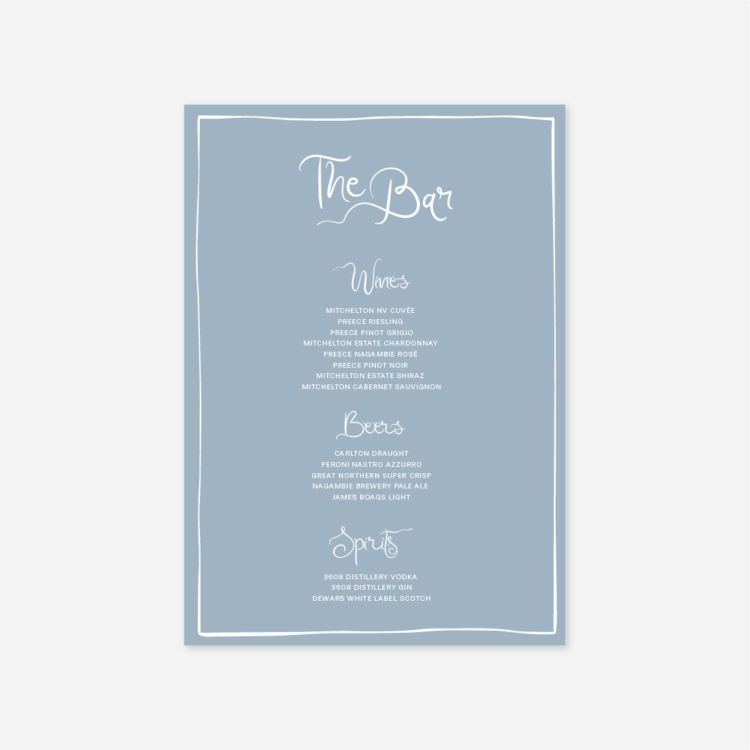 Whimsical wedding bar menu wedding stationery in Blue — Just Hitched