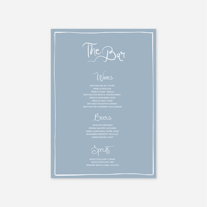 Whimsical wedding bar menu wedding stationery in Blue — Just Hitched