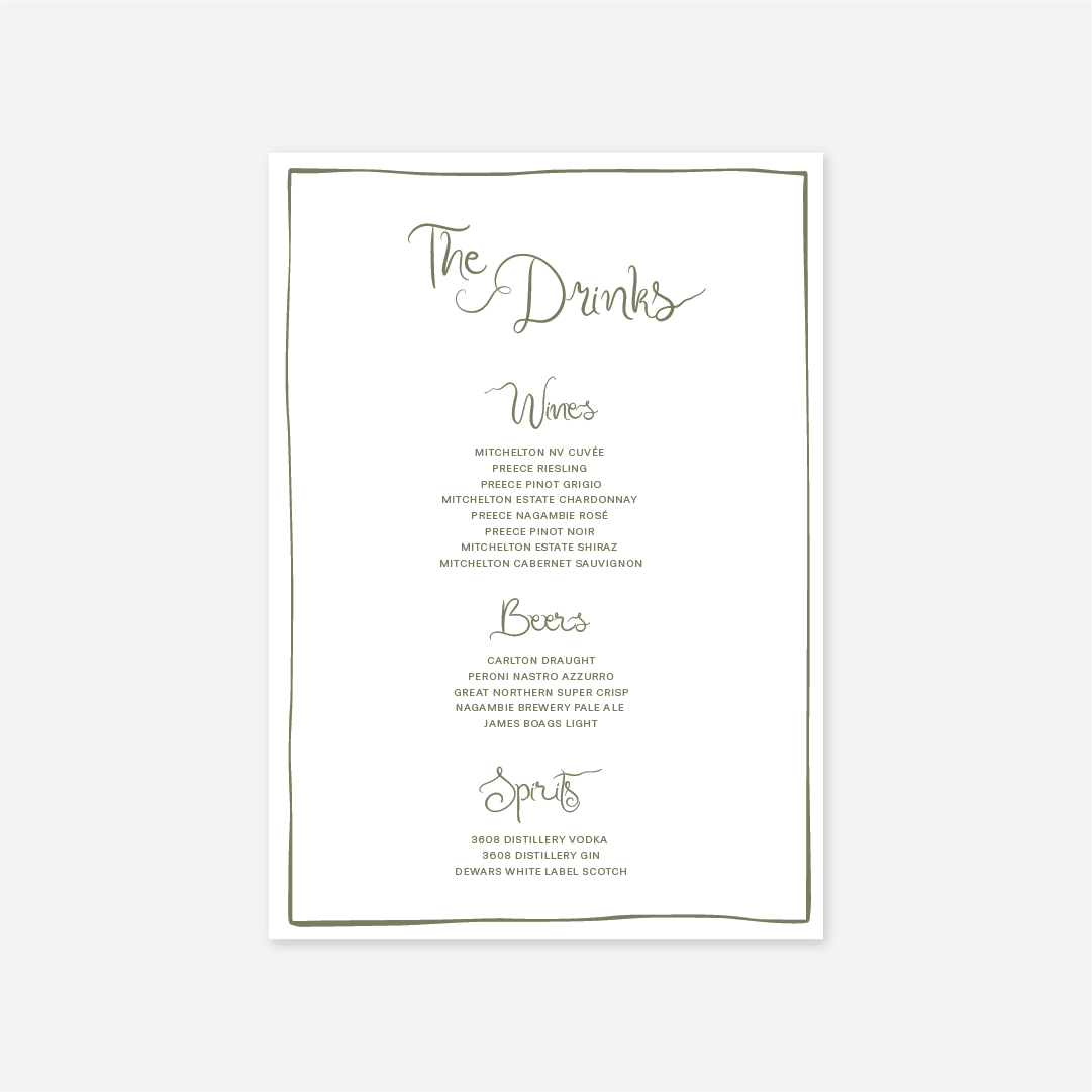 Whimsical wedding drinks menu wedding stationery in White — Just Hitched