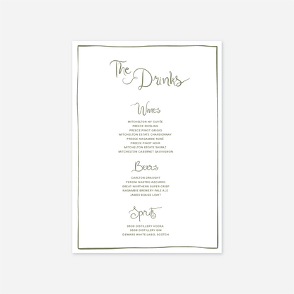 Whimsical wedding drinks menu wedding stationery in White — Just Hitched