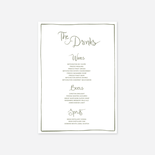 Whimsical wedding drinks menu wedding stationery in Sage — Just Hitched