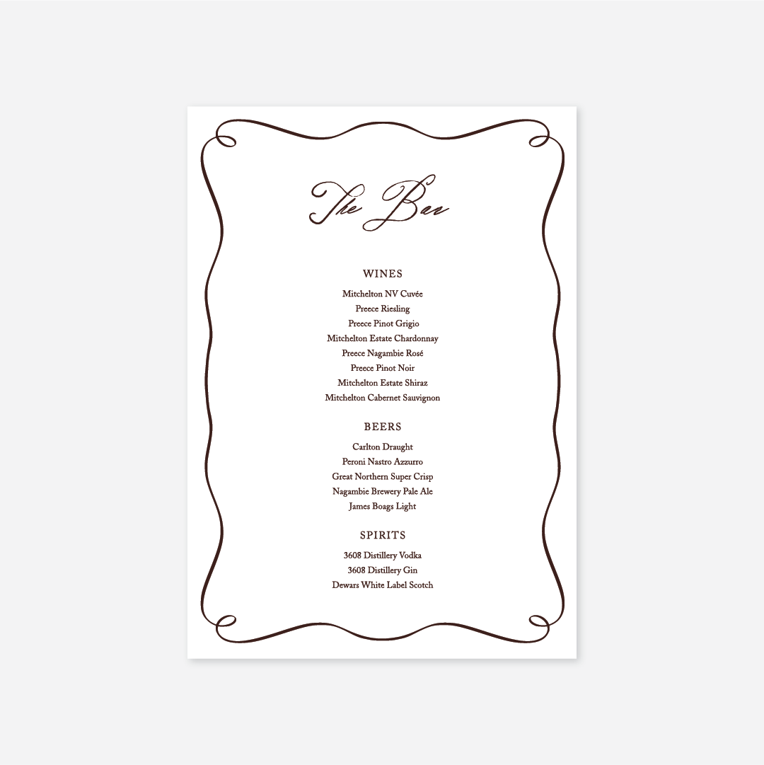 Elegance wedding bar menu wedding stationery in White — Just Hitched