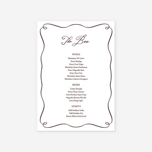 Elegance wedding bar menu wedding stationery in Chocolate — Just Hitched