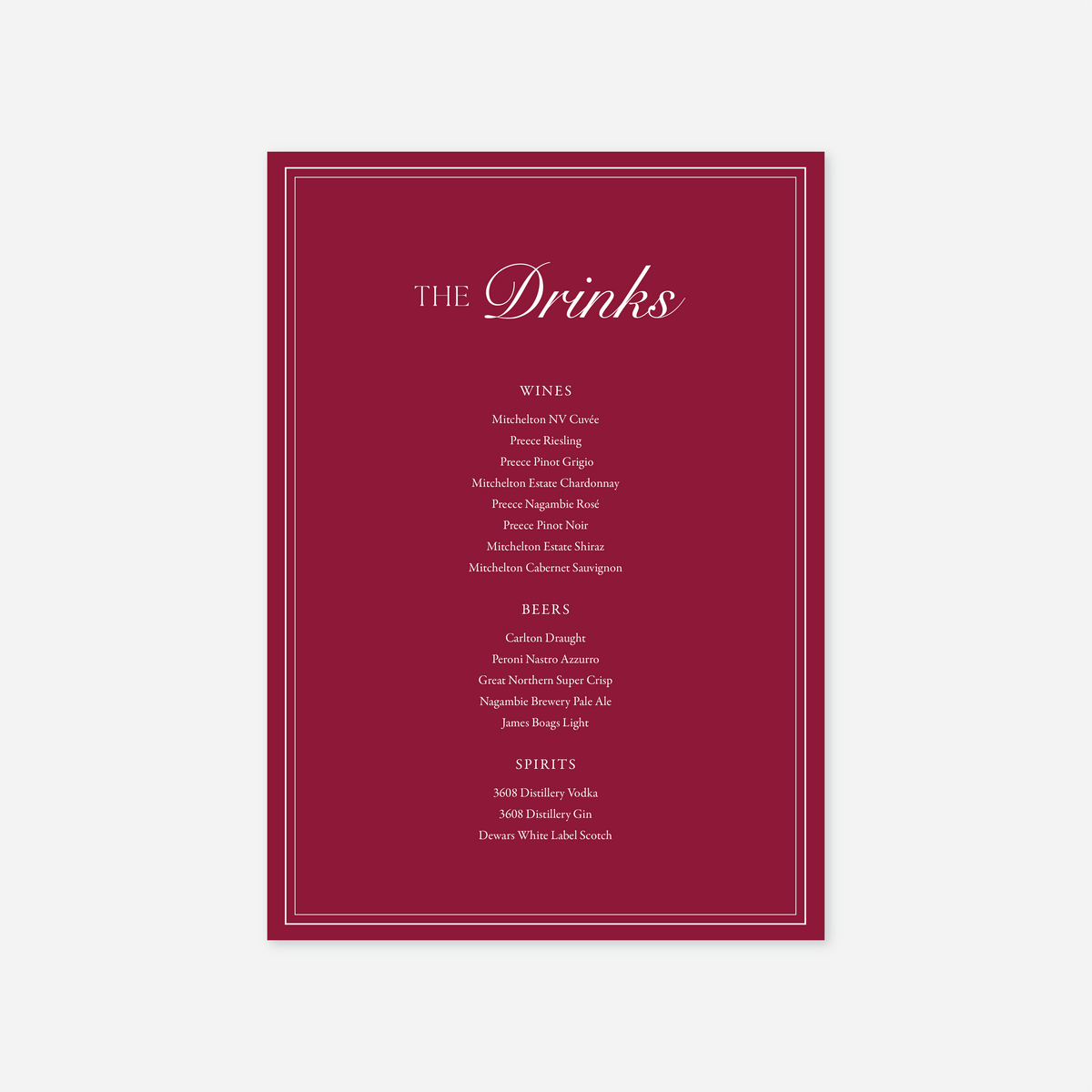 Romance wedding drinks menu wedding stationery in Cherry — Just Hitched