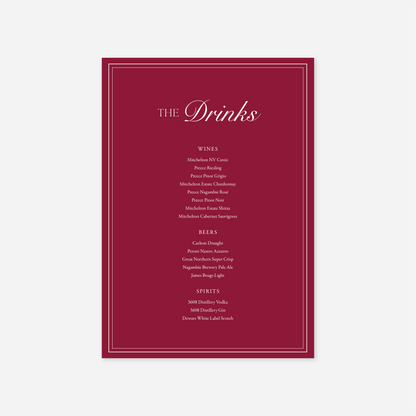 Romance wedding drinks menu wedding stationery in Cherry — Just Hitched