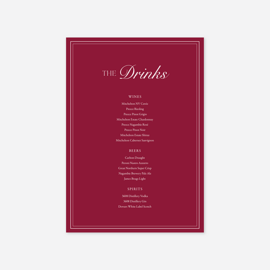 Romance wedding drinks menu wedding stationery in Cherry — Just Hitched